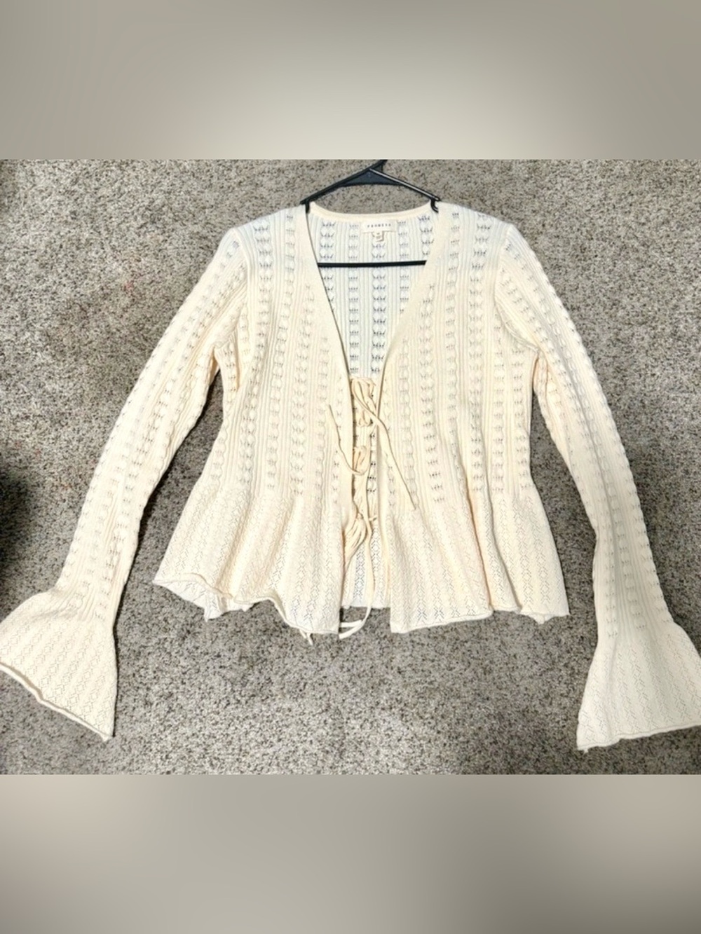Textured Cream boutique Cardigan With Front Tie And Bell Sleeves Size Medium
